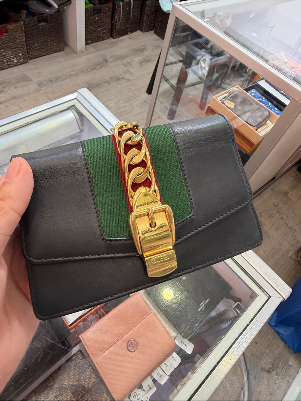 Gucci Black Leather Crossbody with Green-Red Web and Gold Chain
